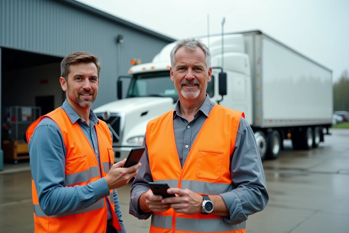 Deux chauffeurs de camion d'une PME de transport consultant une application de gestion de flotte sur smartphone dans un dépôt logistique