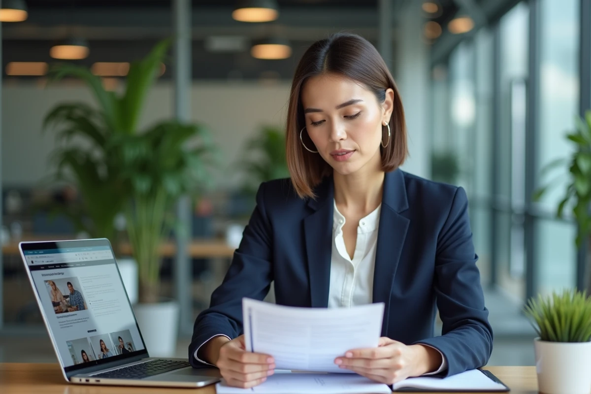 Femme d'affaires professionnelle vérifiant une check-list avant d'inscrire son entreprise sur un annuaire en ligne