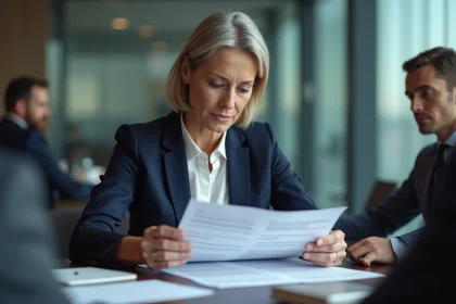 Professionnelle en réunion vérifiant une check-list légale avant d'enregistrer une conversation professionnelle