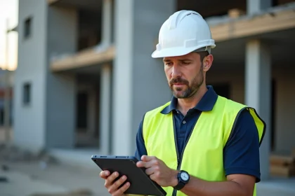 Chef de chantier consultant un tableau de bord de gestion financière sur tablette sur un chantier BTP actif