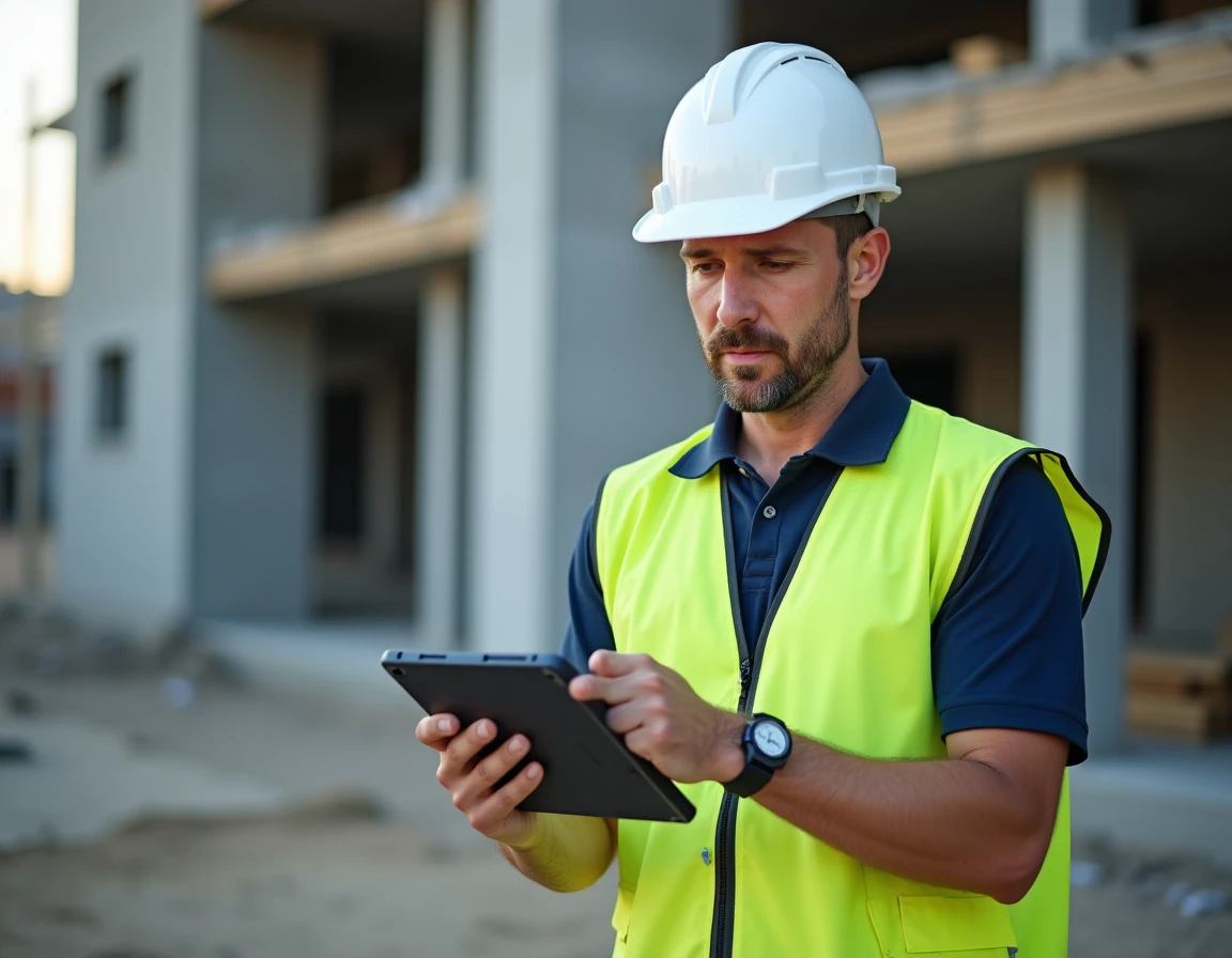Chef de chantier consultant un tableau de bord de gestion financière sur tablette sur un chantier BTP actif