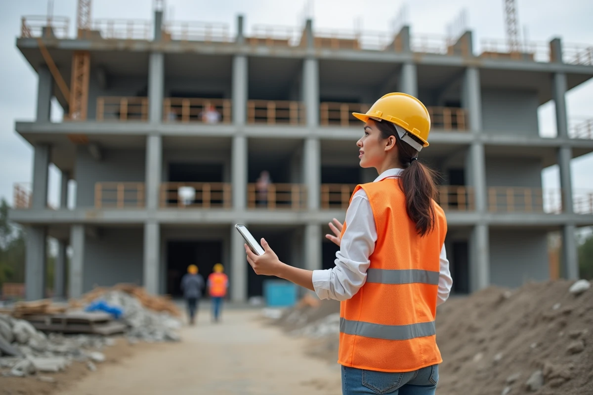 Jeune femme gestionnaire de chantier avec casque et gilet orange sur un site actif
