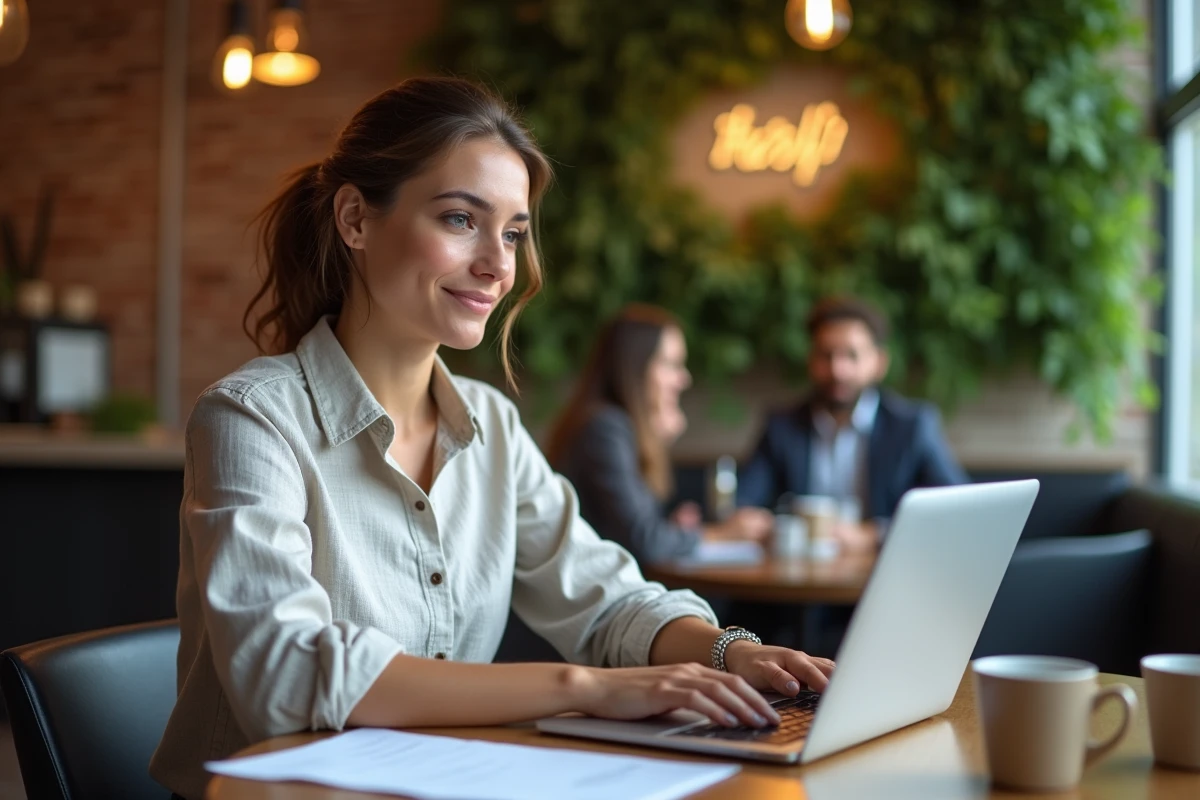 Cheffe d'entreprise consultant un service expert en ligne et des notes papier dans un espace de coworking moderne
