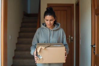 Femme tenant un colis abîmé et froissé devant sa porte d'entrée, illustrant un problème de livraison endommagée chez un service de téléphonie