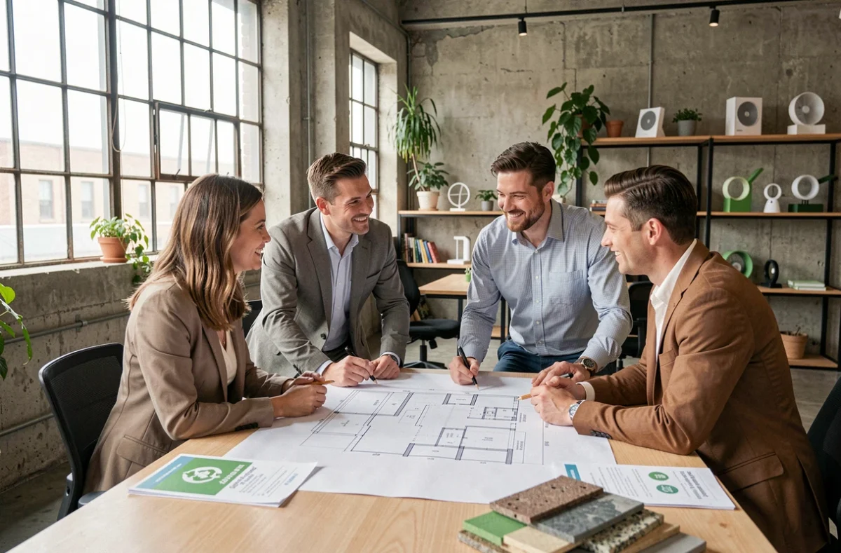 Professionnels collaborant autour de plans et matériaux durables dans un espace industriel éco-responsable, illustrant le réseau des pôles d'éco-industries régionales