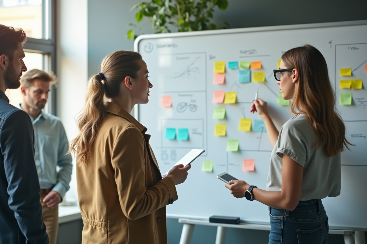 Professionnels collaborant devant un tableau blanc