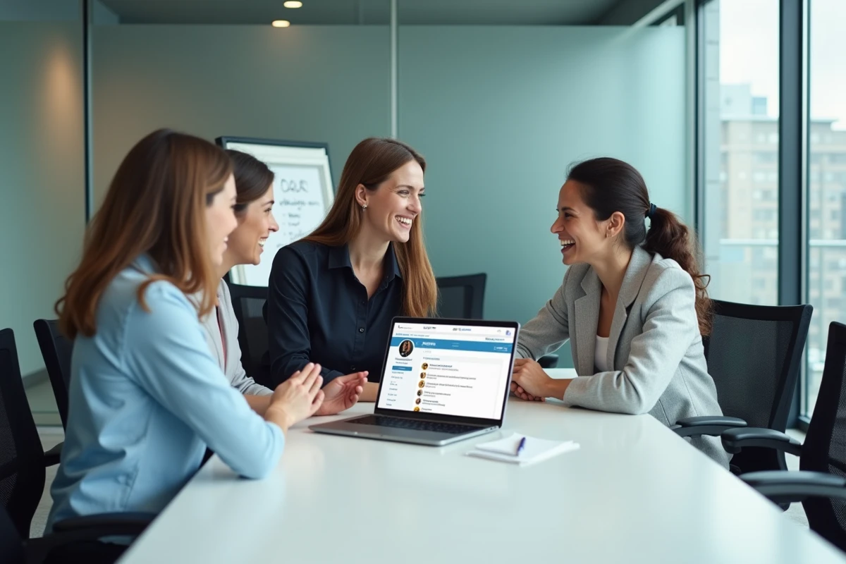 Groupe de collègues en réunion discutant de l'utilisation des émojis dans les titres de poste LinkedIn autour d'un ordinateur portable
