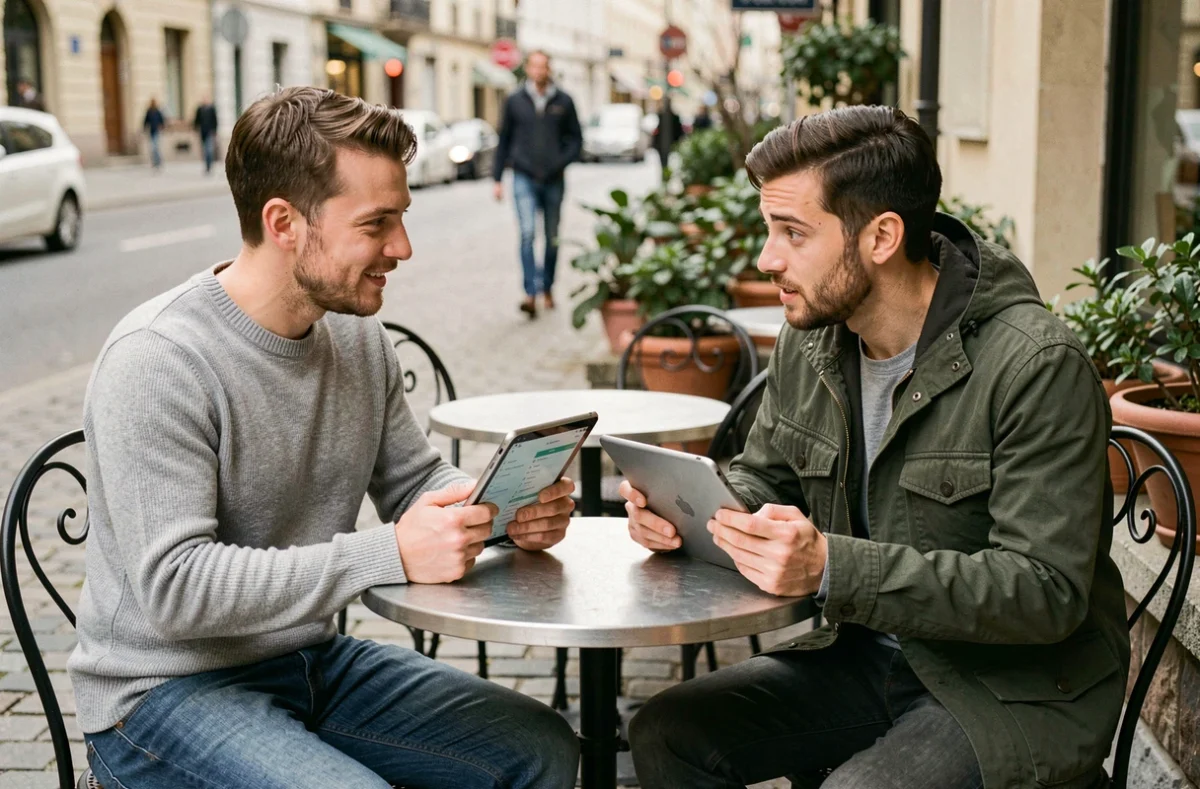 Deux collègues comparant des interfaces sur tablette en terrasse de café, symbolisant l'évaluation pratique de Koivaninbez face aux outils classiques du marché