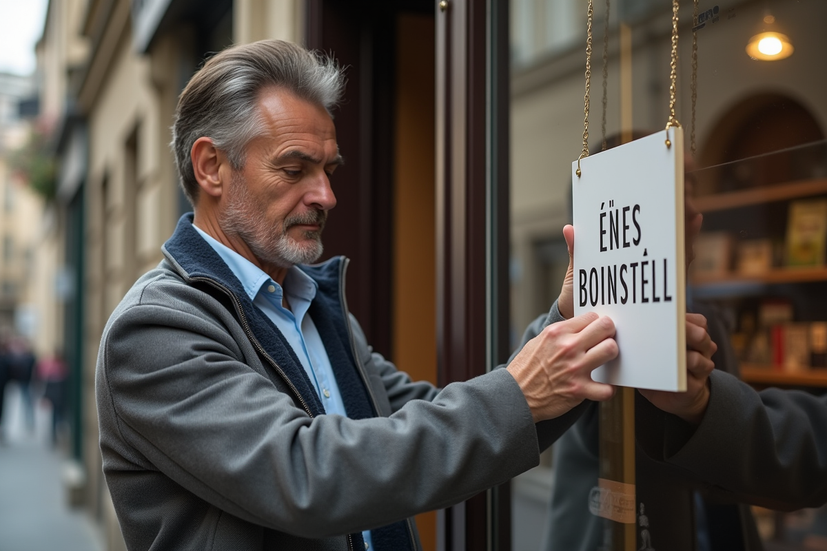 Commercant français attachant une enseigne bilingue devant sa boutique