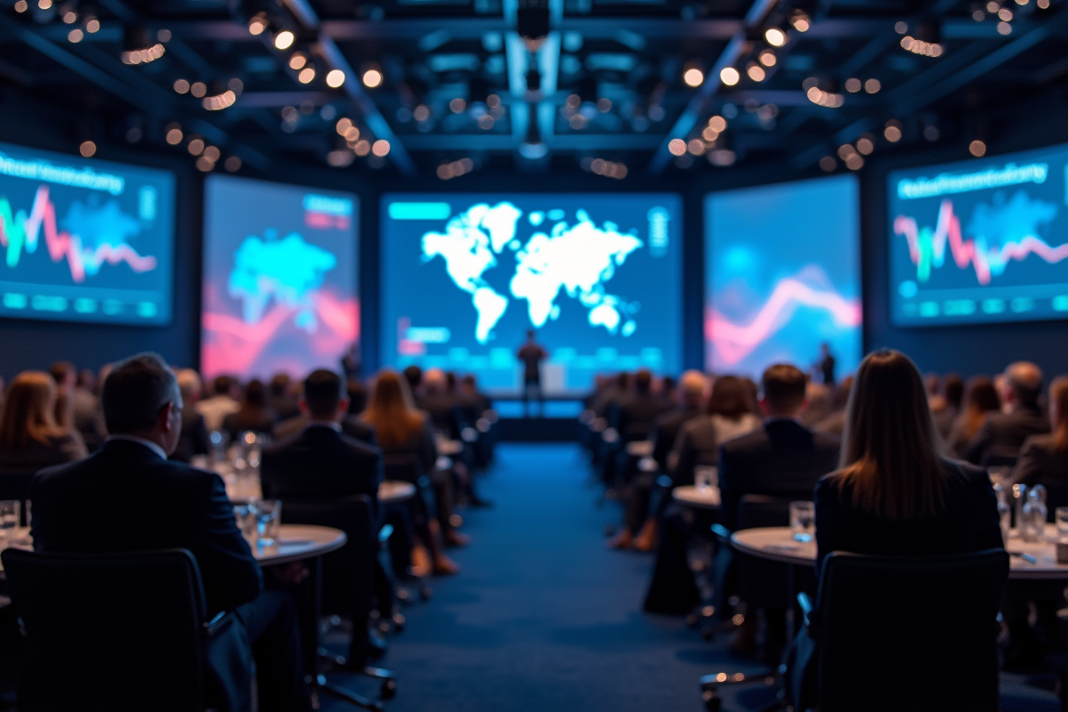 Conférence internationale avec délégués et écrans économiques