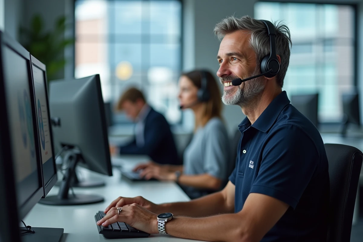 Un conseiller du service client France Télécom assiste une personne âgée par téléphone depuis un centre d'appels moderne