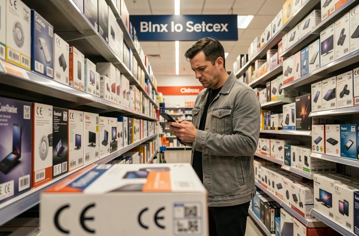 Consommateur européen examinant des produits certifiés CE dans un magasin d'électronique, interrogeant l'origine de la certification