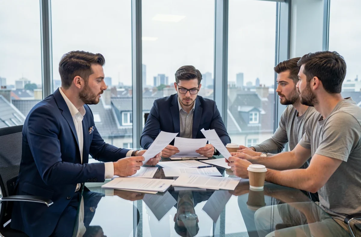 Signature d'un contrat d'égérie entre une personnalité publique et les fondateurs d'une start-up dans une salle de réunion moderne