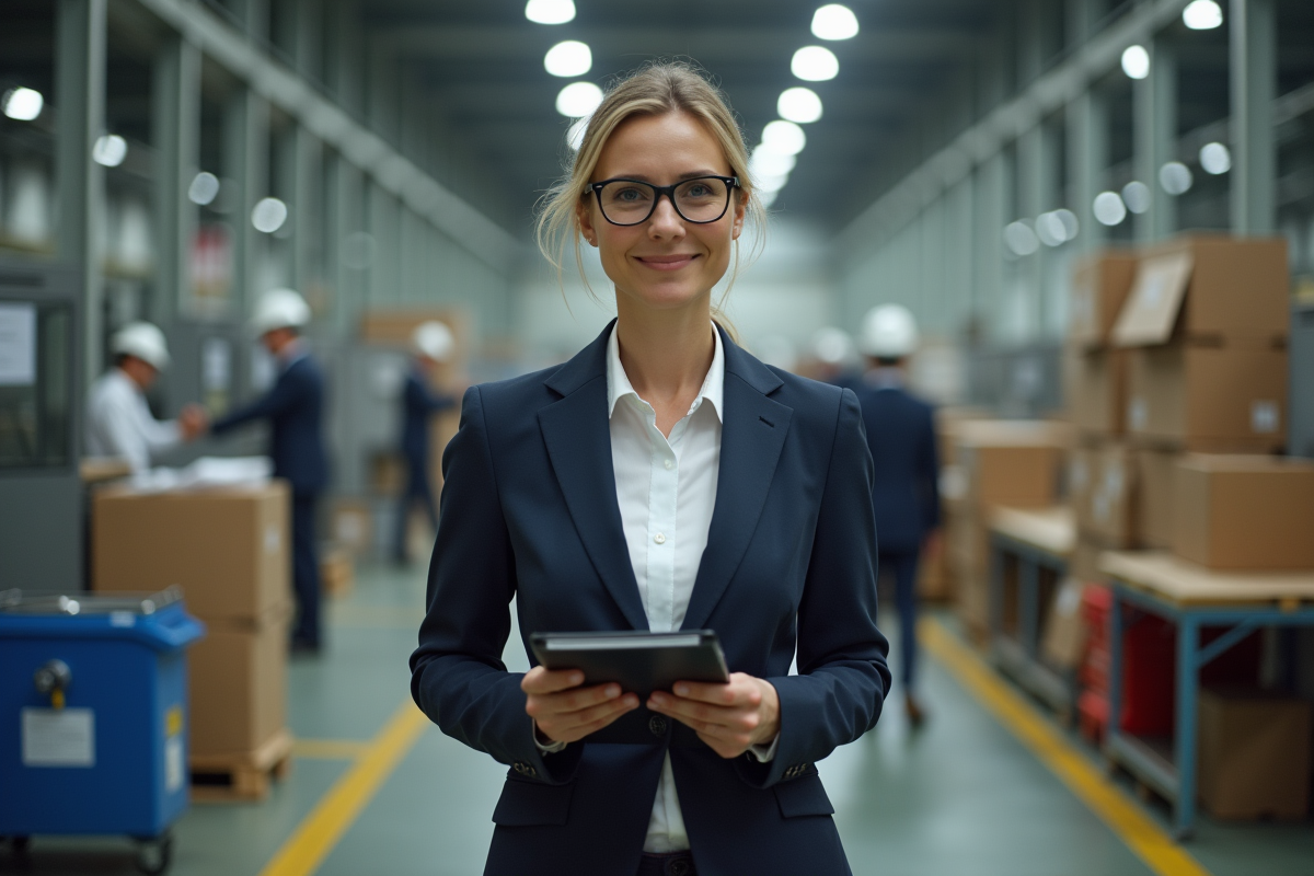 Auditrice ISO 9001 marche dans une usine active