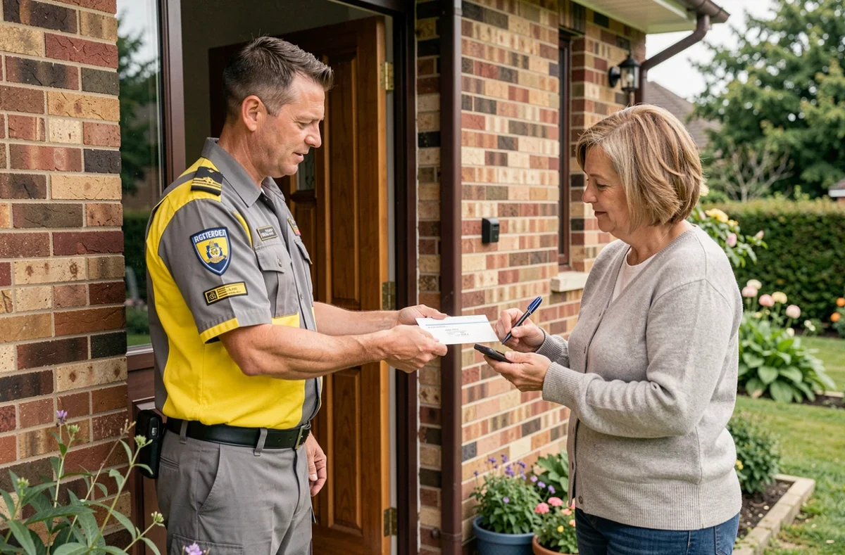 Facteur remettant un courrier recommandé contre signature à domicile