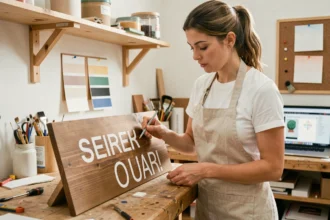 Femme créant une pancarte personnalisée en bois dans un atelier artisanal à domicile