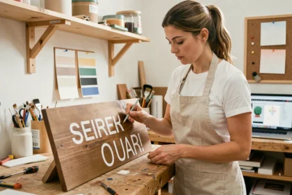 Femme créant une pancarte personnalisée en bois dans un atelier artisanal à domicile