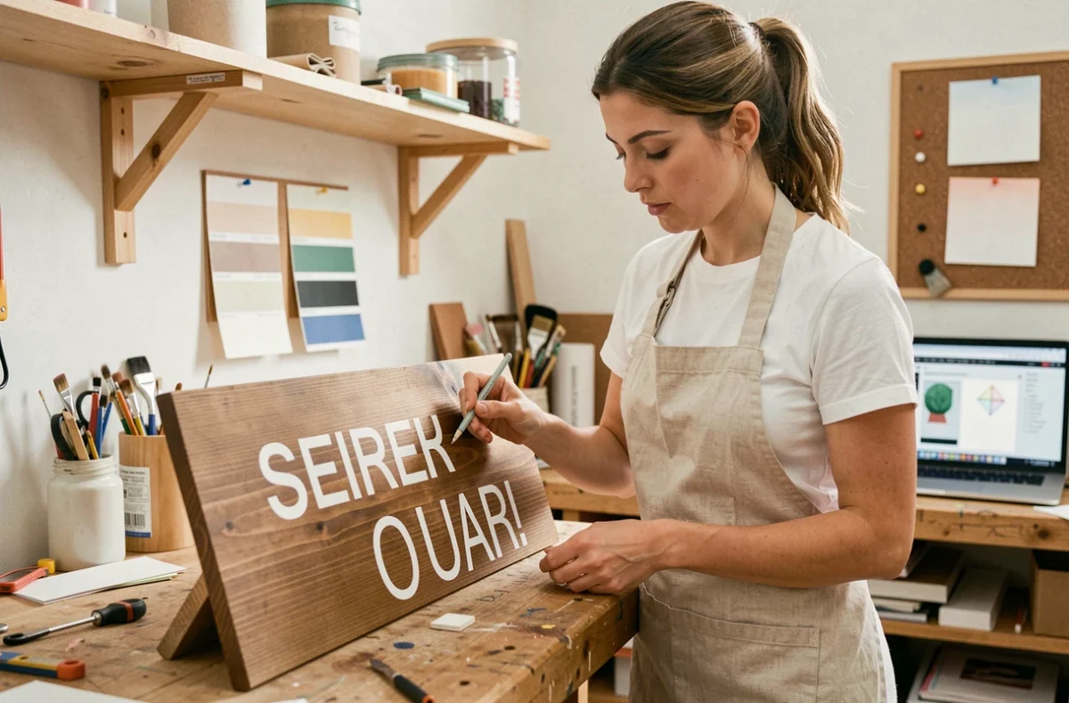 Femme créant une pancarte personnalisée en bois dans un atelier artisanal à domicile