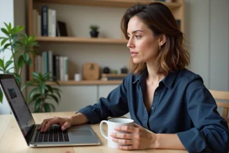 Créatrice freelance consultant les droits d'utilisation sur Elements Envato depuis son bureau à domicile
