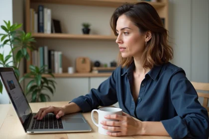 Créatrice freelance consultant les droits d'utilisation sur Elements Envato depuis son bureau à domicile