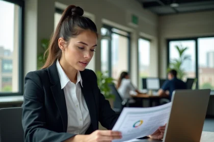 Créatrice d'entreprise analysant les ressources du portail partenaire-entreprise.com sur son bureau moderne