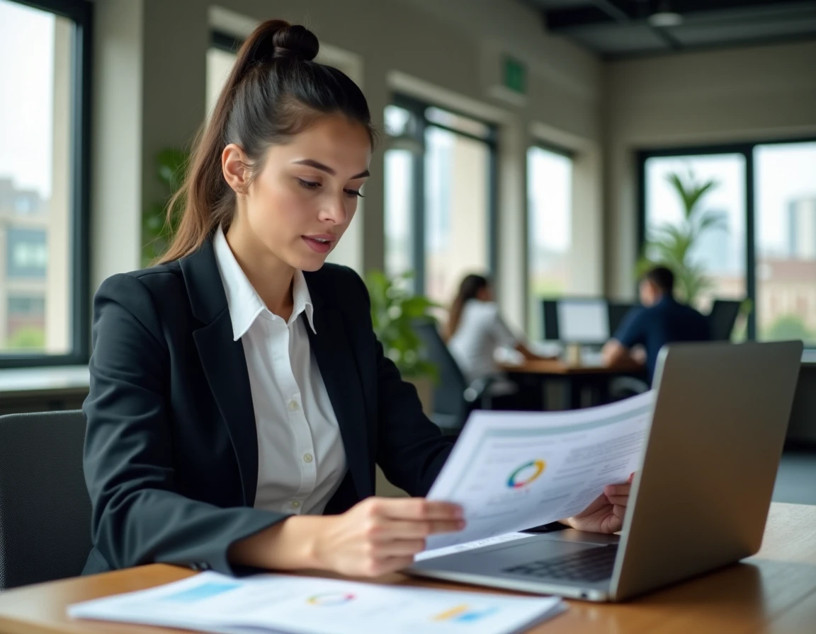 Créatrice d'entreprise analysant les ressources du portail partenaire-entreprise.com sur son bureau moderne