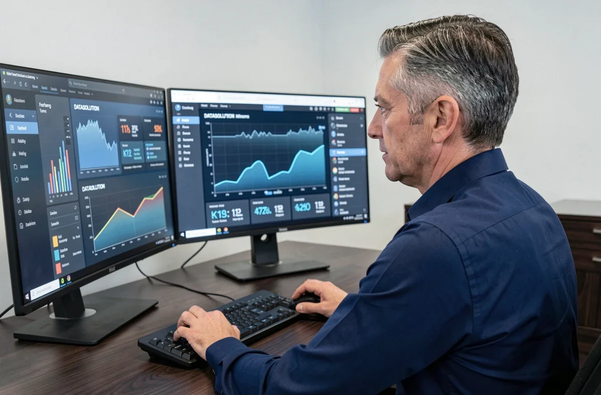 Analyste de données de l'agence DATASOLUTION devant ses écrans de visualisation de données et tableaux de bord