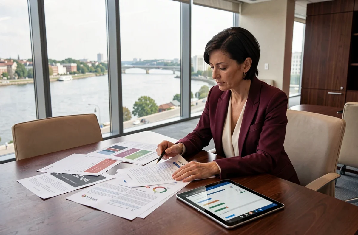 Directrice créative de l'agence Definima analysant des maquettes de marque et des rapports SEO dans une salle de réunion moderne
