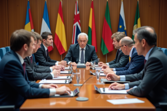 Groupe de délégués internationaux en discussion à l'ONU