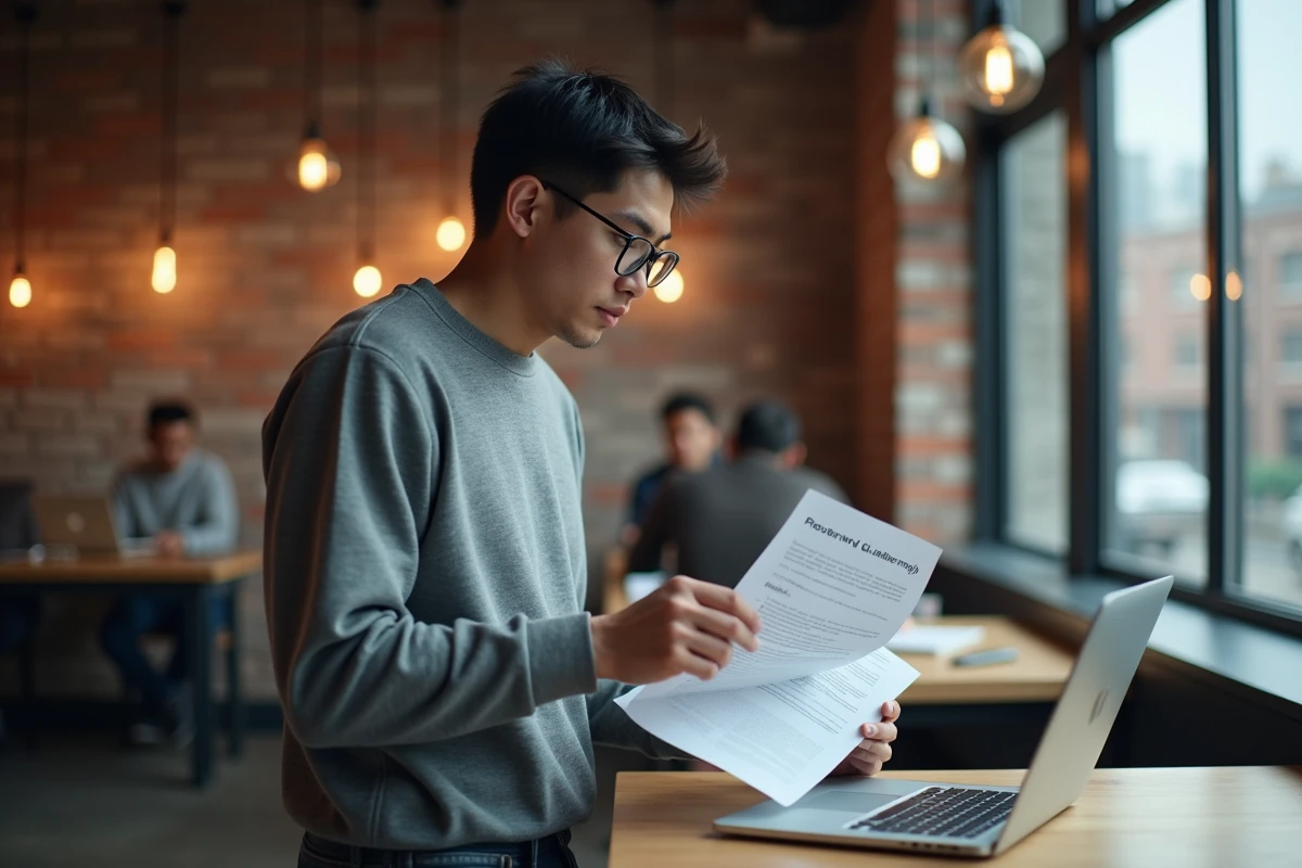 Designer consultant des documents de licence Envato Elements dans un espace de coworking urbain