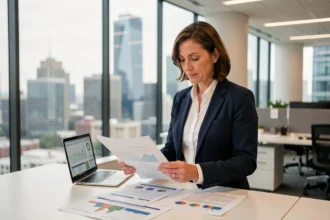 Directrice d'entreprise internationale consultant des rapports de marché dans un bureau moderne avec vue sur la ville