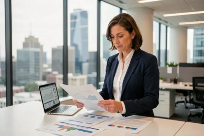 Directrice d'entreprise internationale consultant des rapports de marché dans un bureau moderne avec vue sur la ville