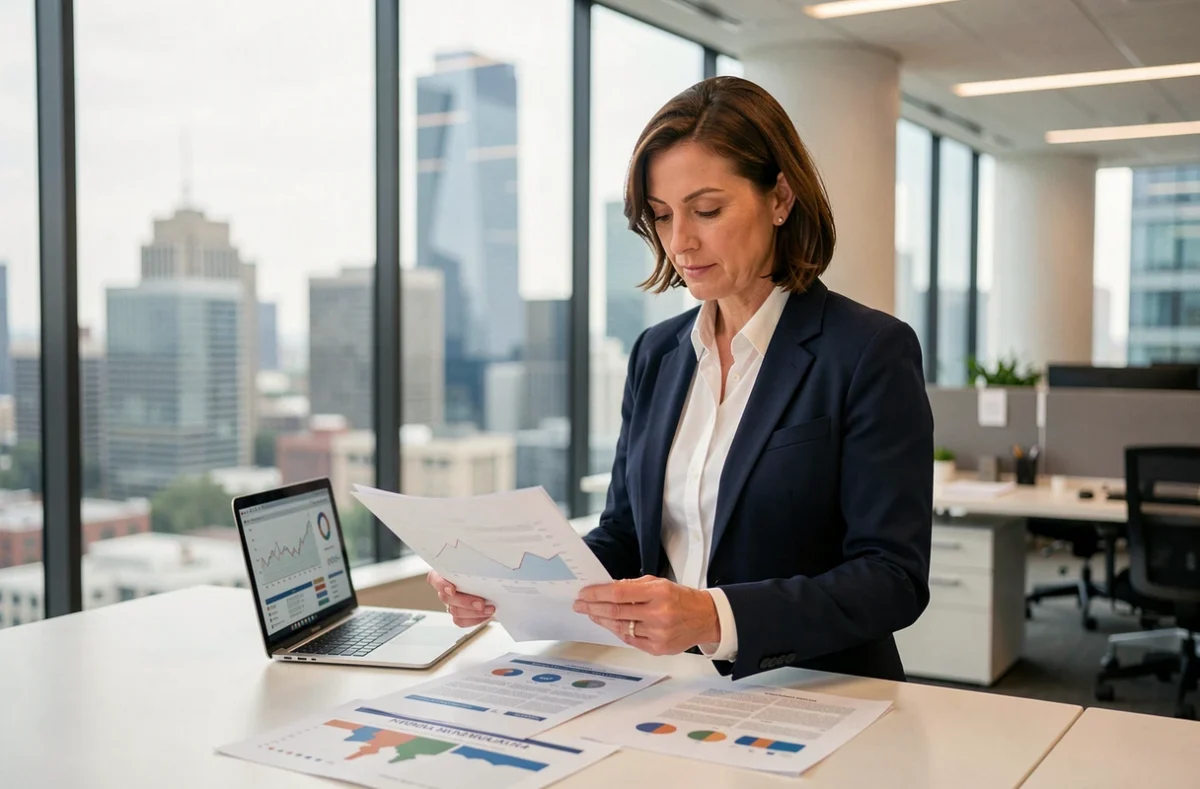 Directrice d'entreprise internationale consultant des rapports de marché dans un bureau moderne avec vue sur la ville