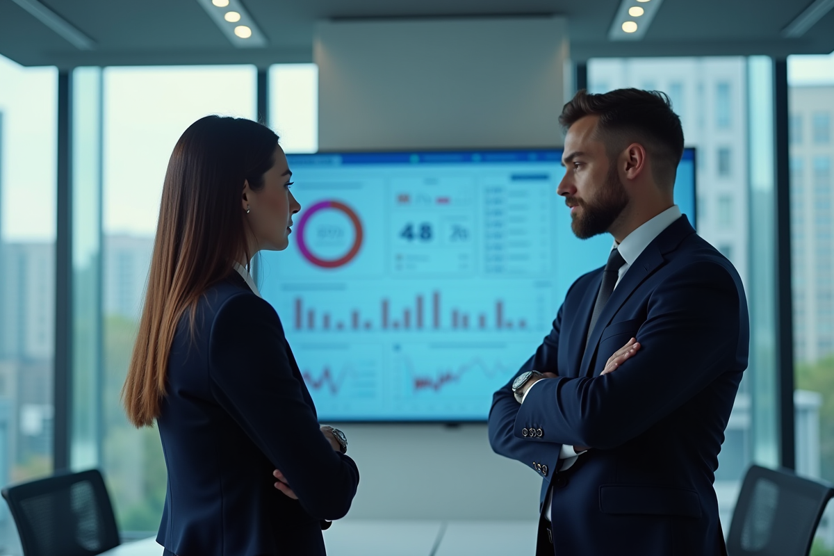 Deux professionnels discutant devant un tableau de bord digital