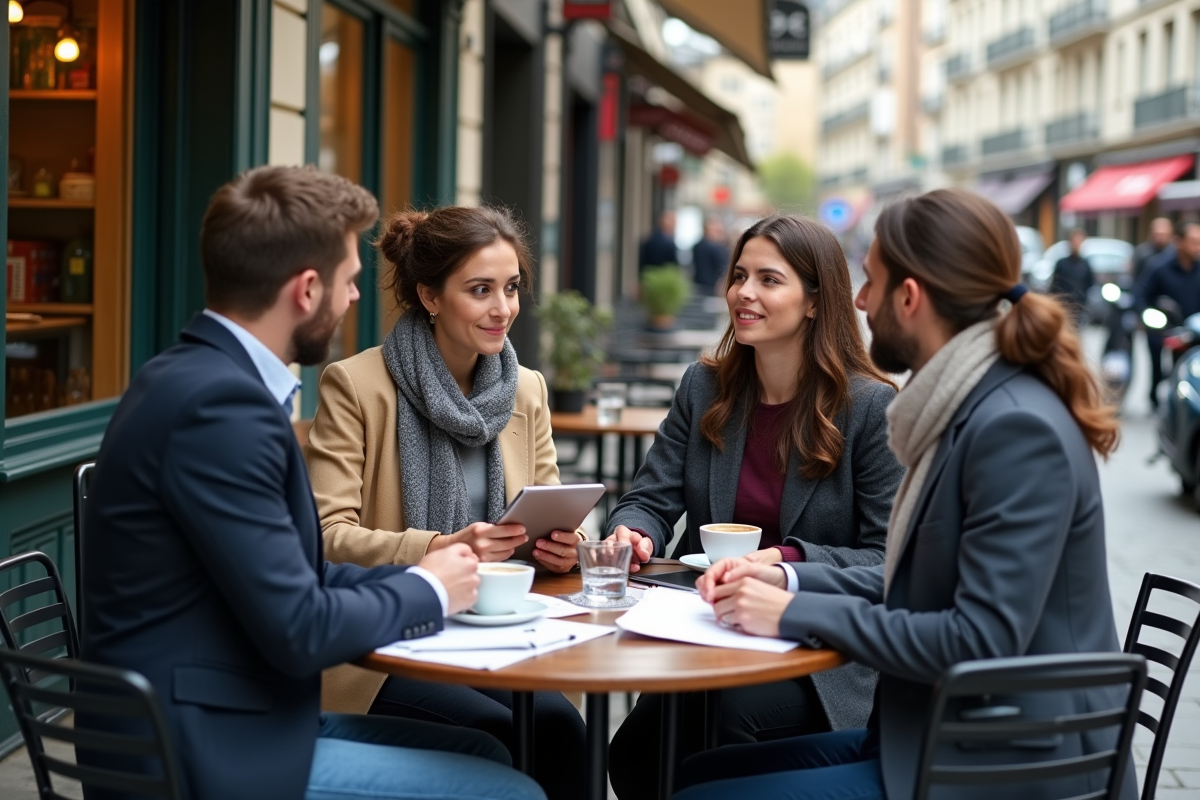 Groupe de jeunes professionnels discutant à un café parisien