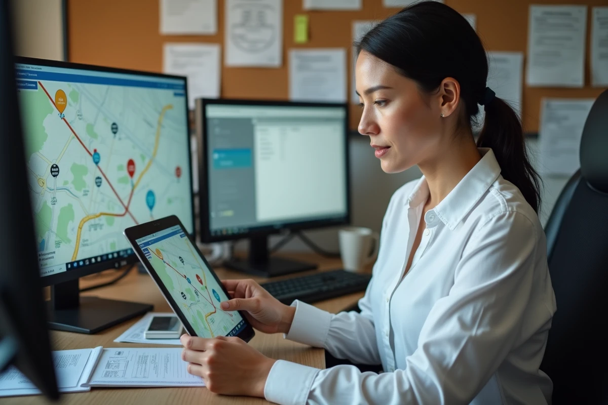 Dispatcheuse de PME de transport utilisant une interface GPS en temps réel sur tablette dans un bureau de dispatch