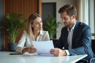 Femme d'affaires et jeune homme échangeant des documents