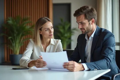 Femme d'affaires et jeune homme échangeant des documents