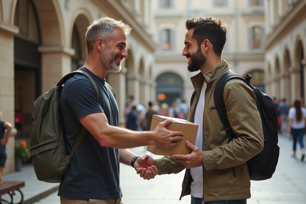 Deux hommes échangeant un colis dans une place urbaine
