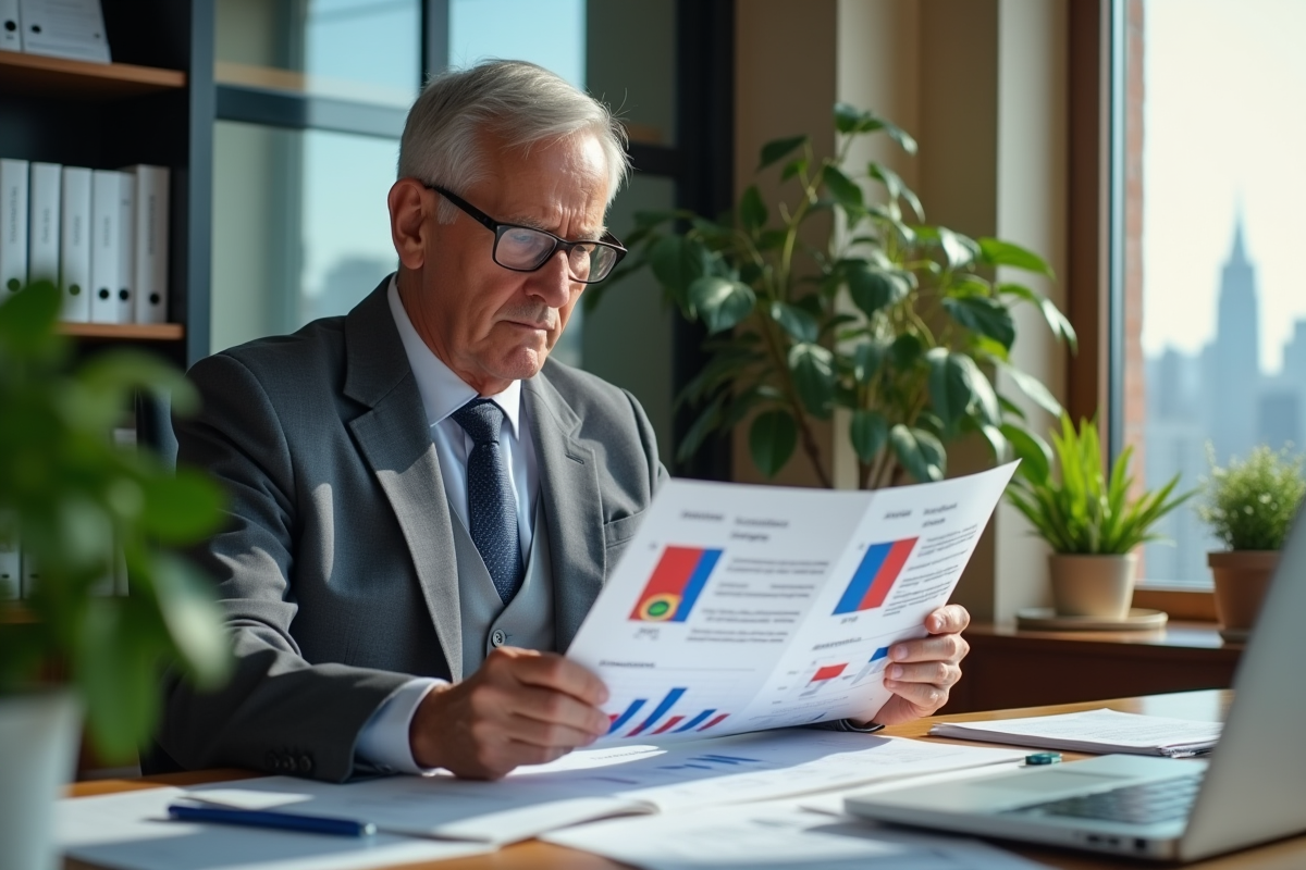 Économiste senior analysant des documents financiers dans un bureau