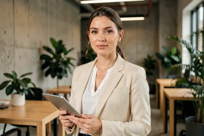Égérie de marque tenant une tablette dans un espace de coworking moderne, incarnant le partenariat entre une start-up et une personnalité influente