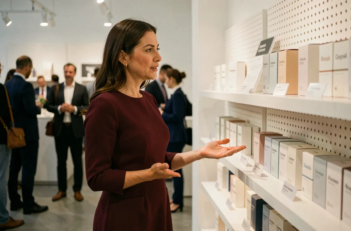 Égérie présentant des produits d'une start-up lors d'un événement pop-up retail, illustrant la conversion de la notoriété en ventes concrètes