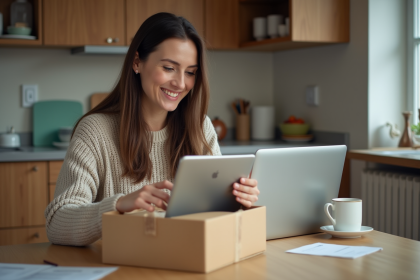Femme emballant une tablette pour envoi dans sa cuisine