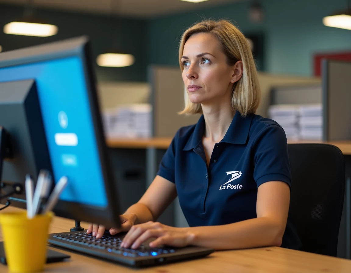 Employée La Poste en polo bleu marine face à un écran de connexion sur son ordinateur portable au bureau