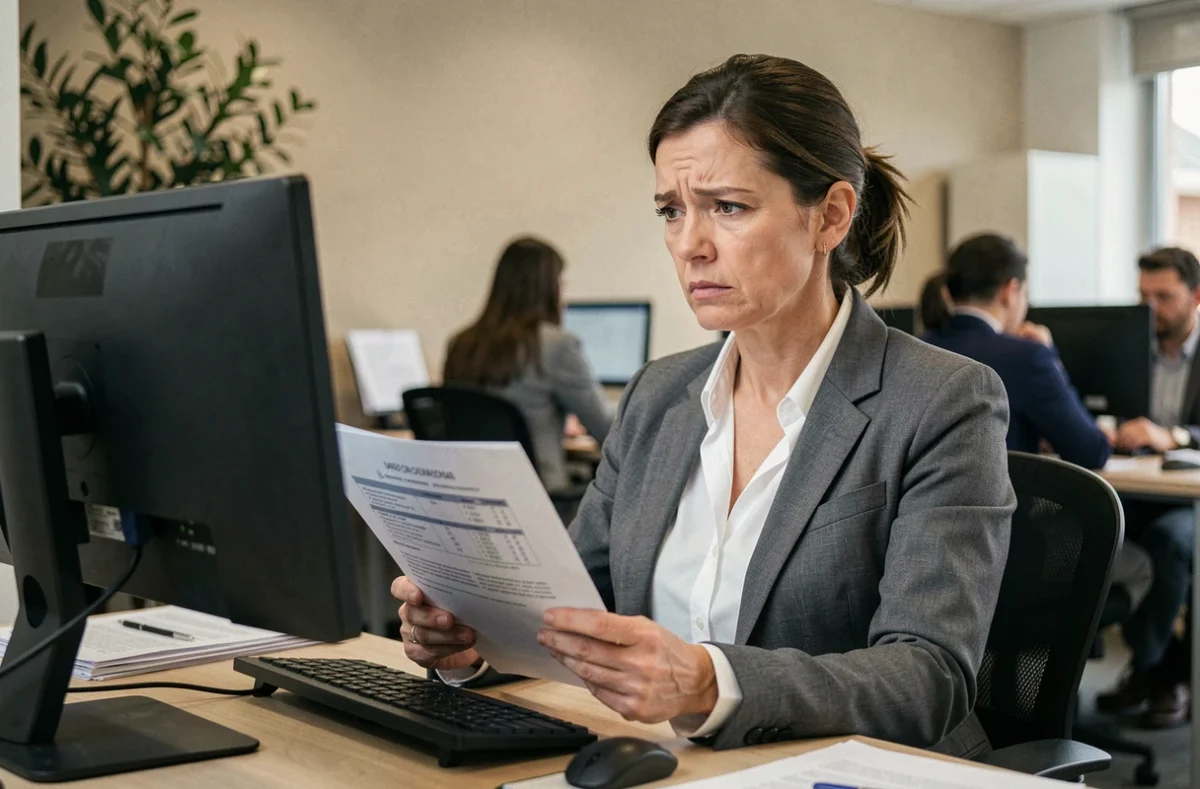 Employée de bureau frustrée consultant des documents relatifs aux avantages du comité d'entreprise GMF