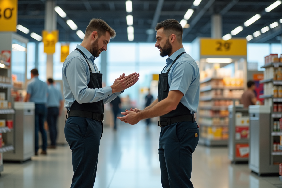 Employes réorganisent les rayons dans un hypermarche moderne