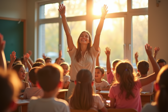 Enseignant joyeux dans une classe ensoleillee avec des enfants