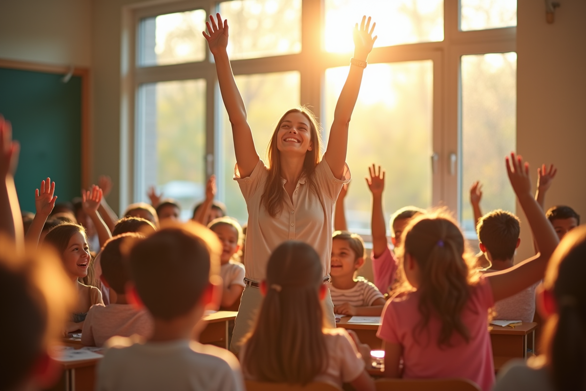 Enseignant joyeux dans une classe ensoleillee avec des enfants