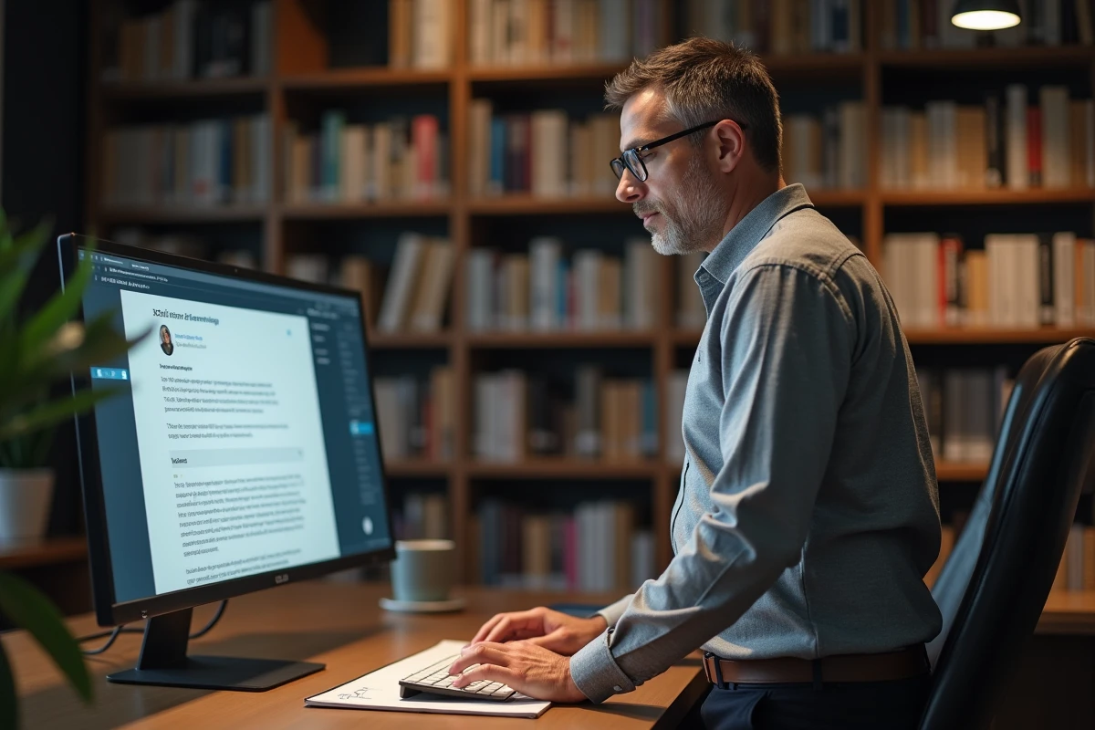 Entrepreneur consultant des avis sur un abonnement B2B depuis son bureau à domicile