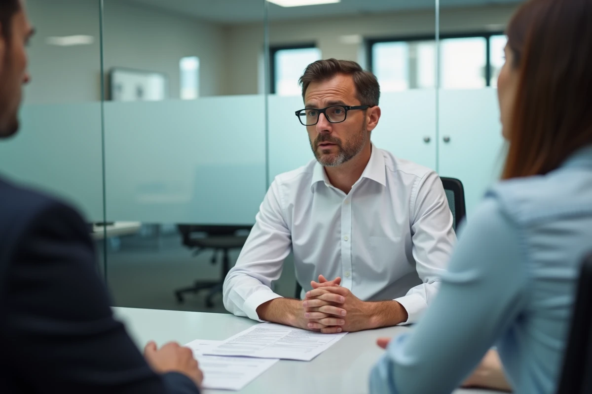 Entrepreneur remettant un extrait Kbis à un conseiller bancaire lors d'un rendez-vous professionnel